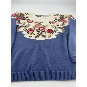 Vintage Ninon de Lenclos Sweater Women Small Light Blue Embroidery Floral Granny